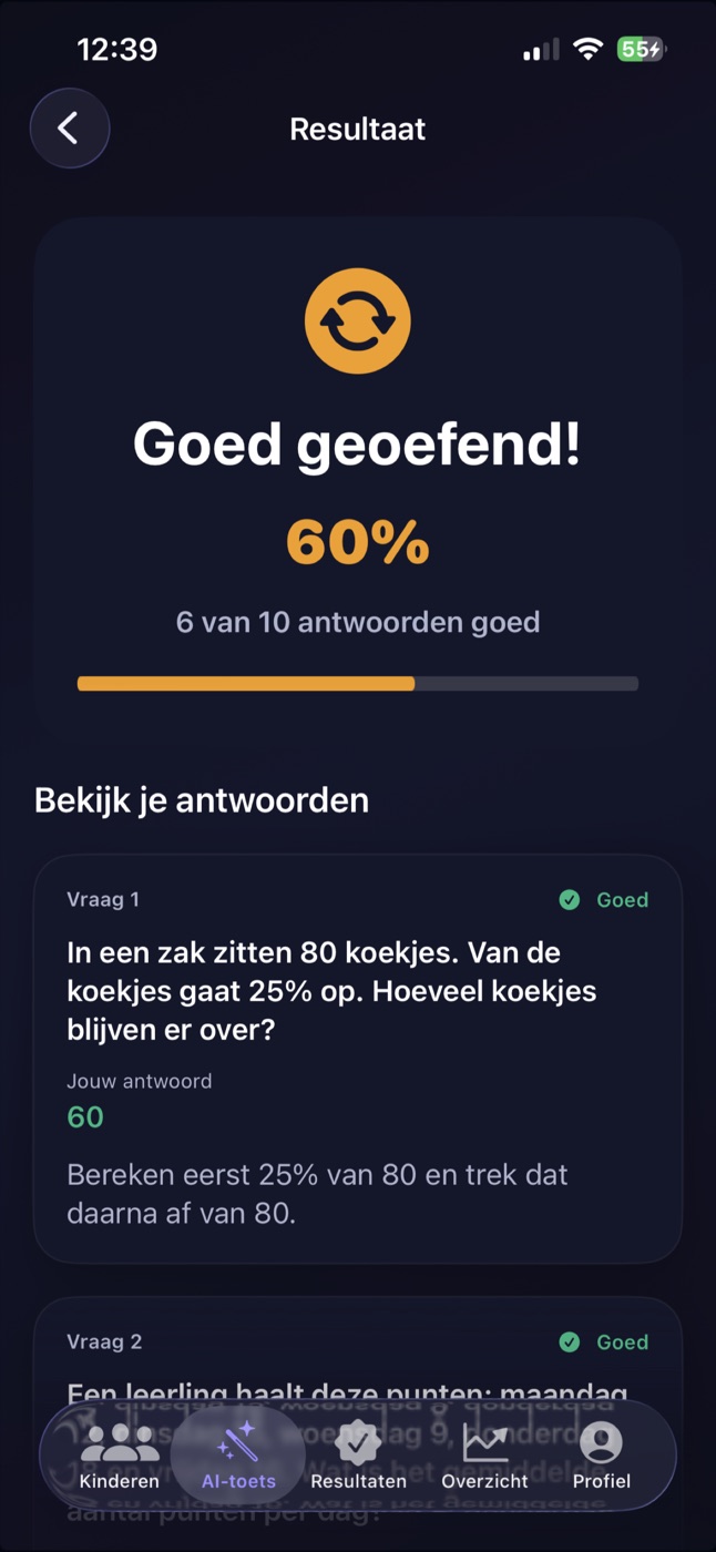Resultaat en uitleg na een oefentoets op iPhone